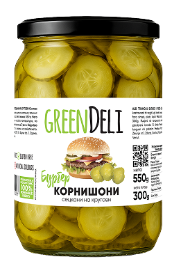 <strong  style="color:#96C941">КОРНИШОНИ  БУРГЕР</strong><br/> СЕЦКАНИ<br/>НА КРУГОВИ